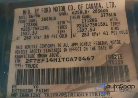 1996 Ford F150 z USA, uszkodzony, nr VIN 2FTEF14H1TCA70467